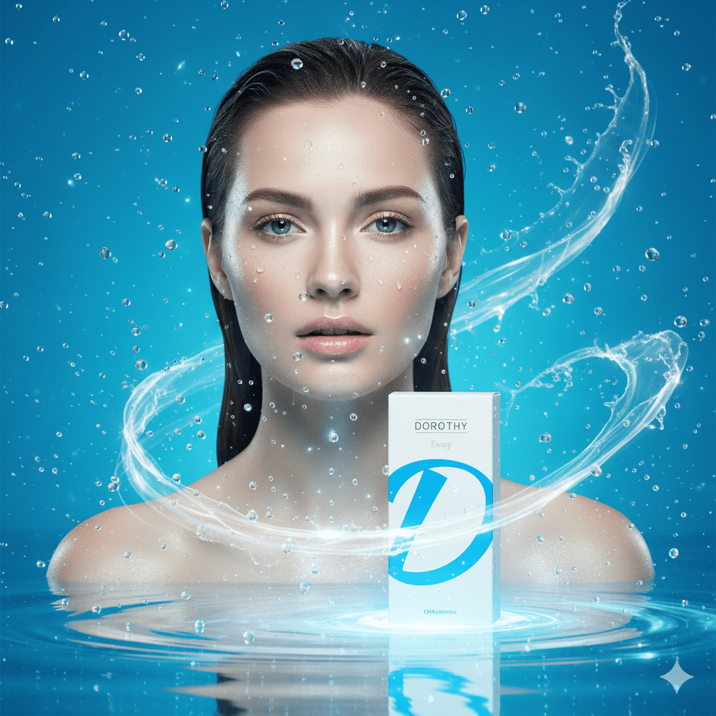 Boîte du skinbooster Dorothy présentée sur fond bleu aquatique, illustrant l’hydratation, l’éclat et la revitalisation cutanée grâce à l’acide hyaluronique non réticulé.
