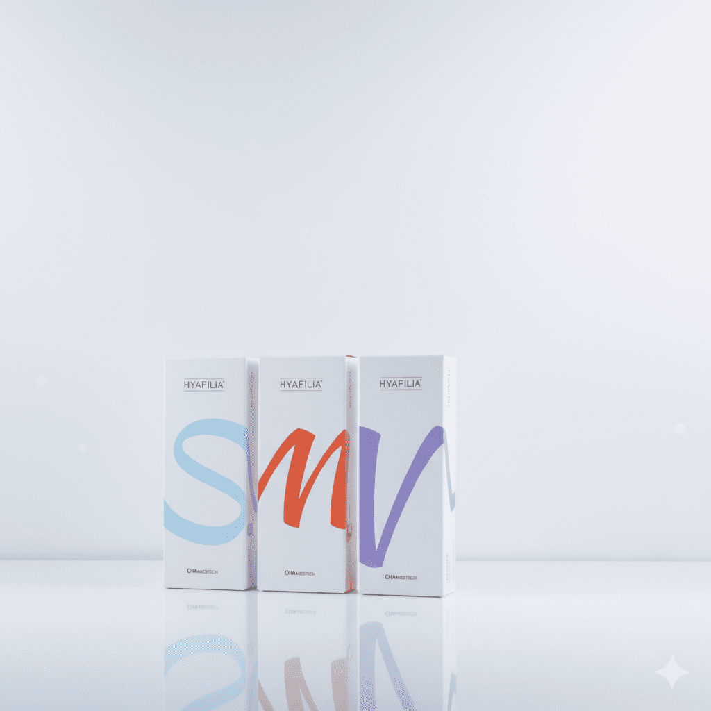 Boîtes d’acide hyaluronique Hyafilia S, M et V présentées sur fond blanc, gamme d’injectables coréens certifiés CE pour les traitements esthétiques du visage.